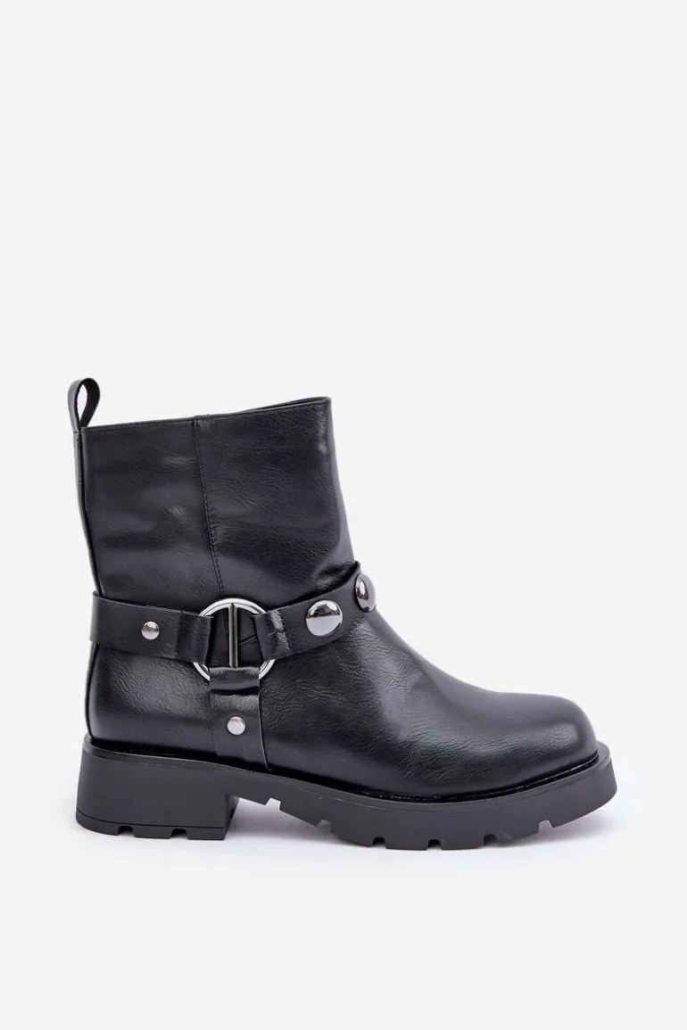 Botki Na Płaskim Obcasie Ocieplane Z Ozdobnymi Paskami Czarne Felilania