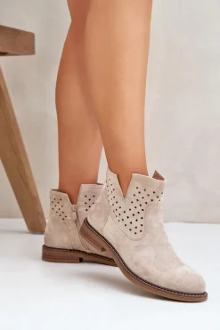 Botki Na Płaskim Obcasie Z Ażurową Cholewką Jasnobeżowe Elivaya