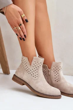 Botki Na Płaskim Obcasie Z Ażurową Cholewką Jasnobeżowe Elivaya