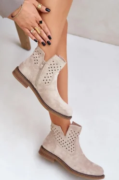 Botki Na Płaskim Obcasie Z Ażurową Cholewką Jasnobeżowe Elivaya