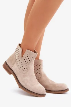 Botki Na Płaskim Obcasie Z Ażurową Cholewką Jasnobeżowe Elivaya
