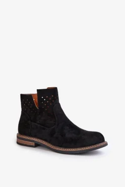 Botki Na Płaskim Obcasie Z Ażurową Cholewką Czarne Elivaya