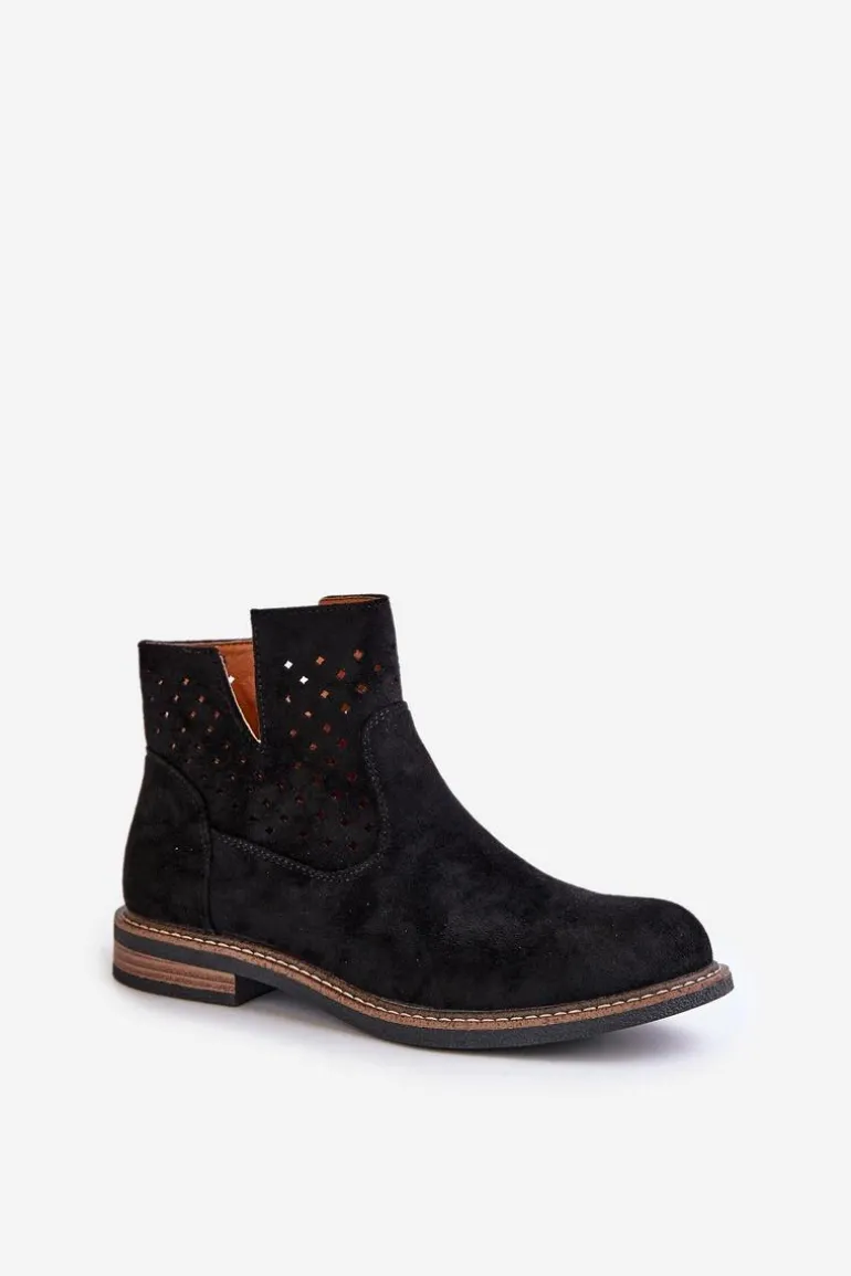 Botki Na Płaskim Obcasie Z Ażurową Cholewką Czarne Elivaya