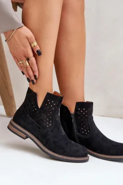 Botki Na Płaskim Obcasie Z Ażurową Cholewką Czarne Elivaya