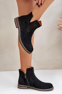 Botki Na Płaskim Obcasie Z Ażurową Cholewką Czarne Elivaya