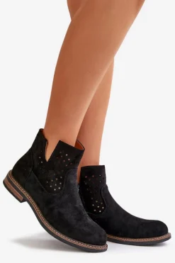 Botki Na Płaskim Obcasie Z Ażurową Cholewką Czarne Elivaya