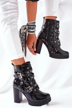 Botki Na Słupku Czarne Lakierowane Krokodyl Wombridge