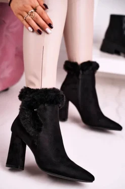 Botki Na Słupku Z Futerkiem Zamszowe Czarne Sophie