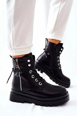 Botki Na Suwak Z Wiązaniem Czarne Elissmo