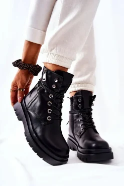 Botki Na Suwak Z Wiązaniem Czarne Elissmo