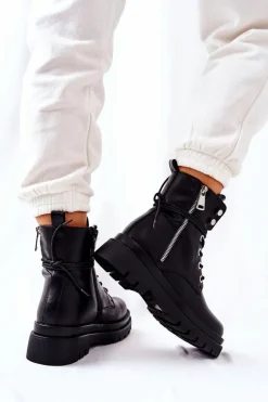 Botki Na Suwak Z Wiązaniem Czarne Elissmo