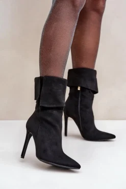 Botki Na Szpilce Z Wywiniętą Cholewką Czarne Luxira