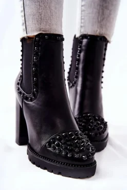 Botki Na Wysokim Obcasie Z Dżetami Czarne Lisana