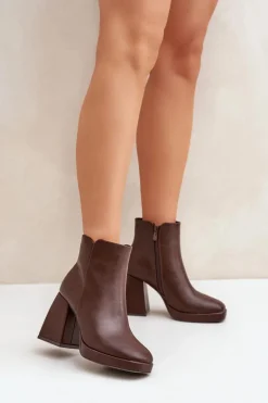 Botki Na Wysokim Obcasie Słupku Eko Skórzane Ciemnobrązowe Selarae