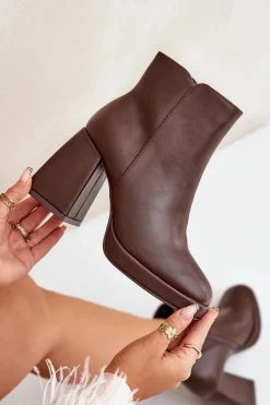 Botki Na Wysokim Obcasie Słupku Eko Skórzane Ciemnobrązowe Selarae