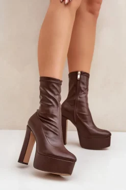 Botki Na Wysokim Obcasie Słupku I Platformie Ciemnobrązowe Tennira