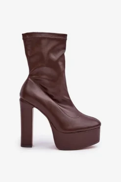 Botki Na Wysokim Obcasie Słupku I Platformie Ciemnobrązowe Tennira