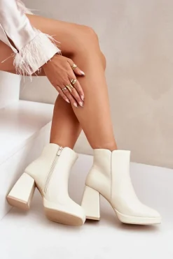 Botki Na Wysokim Obcasie Słupku Eko Skórzane Jasnobeżowe Selarae