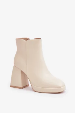 Botki Na Wysokim Obcasie Słupku Eko Skórzane Jasnobeżowe Selarae