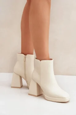 Botki Na Wysokim Obcasie Słupku Eko Skórzane Jasnobeżowe Selarae