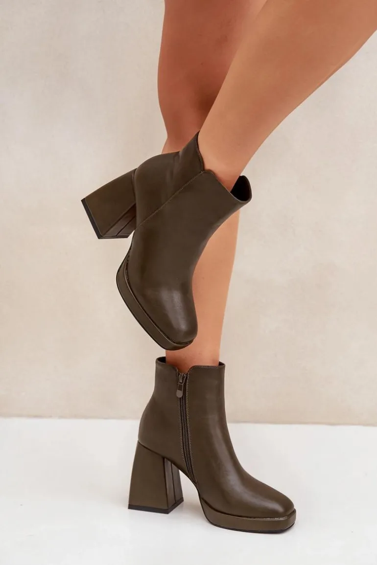 Botki Na Wysokim Obcasie Słupku Eko Skórzane Ciemnozielone Selarae