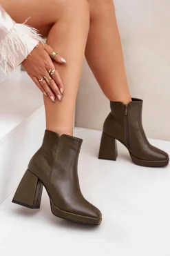 Botki Na Wysokim Obcasie Słupku Eko Skórzane Ciemnozielone Selarae