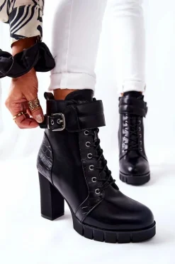 Botki Na Wysokim Słupku Czarne Wiązane Fasha