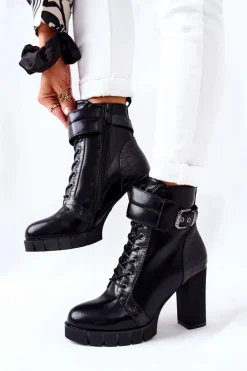 Botki Na Wysokim Słupku Czarne Wiązane Fasha