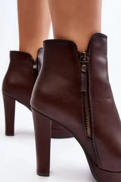 Botki Na Wysokim Słupku Z Suwakami Brązowe Inezma