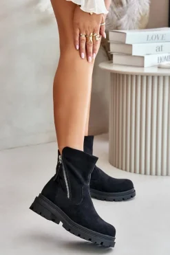Botki Ocieplane Na Płaskim Obcasie Z Eko Zamszu Czarne Reloma