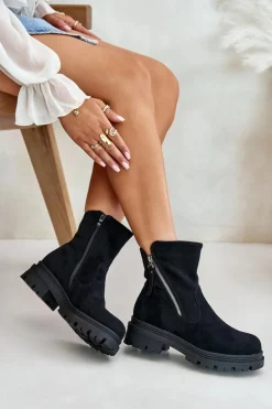 Botki Ocieplane Na Płaskim Obcasie Z Eko Zamszu Czarne Reloma