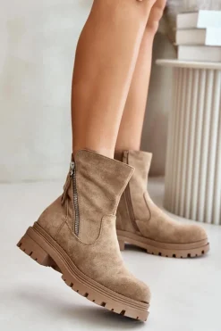 Botki Ocieplane Na Płaskim Obcasie Z Eko Zamszu Beżowe Reloma