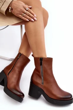 Botki Skórzane Na Masywnym Obcasie Z Suwakami Brązowe Lemar Littosa
