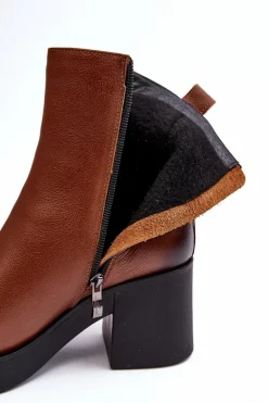 Botki Skórzane Na Masywnym Obcasie Z Suwakami Brązowe Lemar Littosa