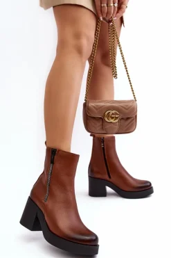 Botki Skórzane Na Masywnym Obcasie Z Suwakami Brązowe Lemar Littosa