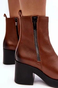 Botki Skórzane Na Masywnym Obcasie Z Suwakami Brązowe Lemar Littosa