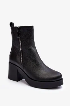 Botki Skórzane Na Masywnym Obcasie Z Suwakami Czarne Lemar Littosa