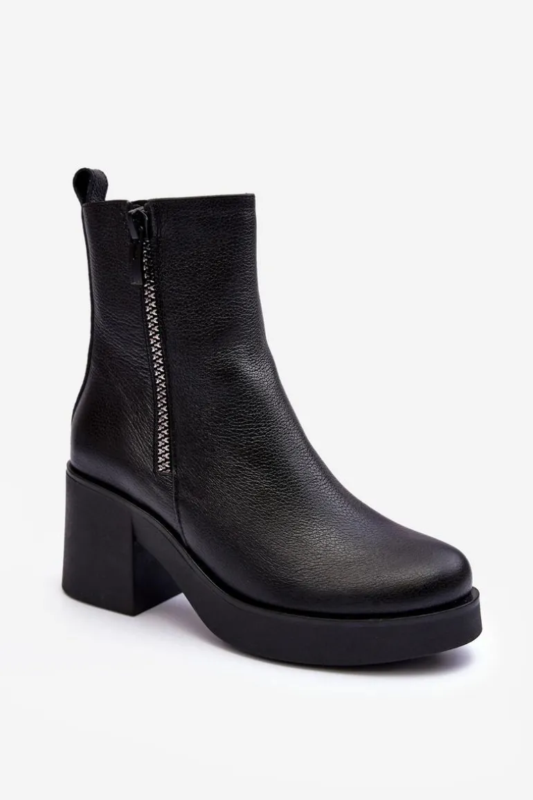 Botki Skórzane Na Masywnym Obcasie Z Suwakami Czarne Lemar Littosa