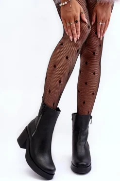 Botki Skórzane Na Masywnym Obcasie Z Suwakami Czarne Lemar Littosa