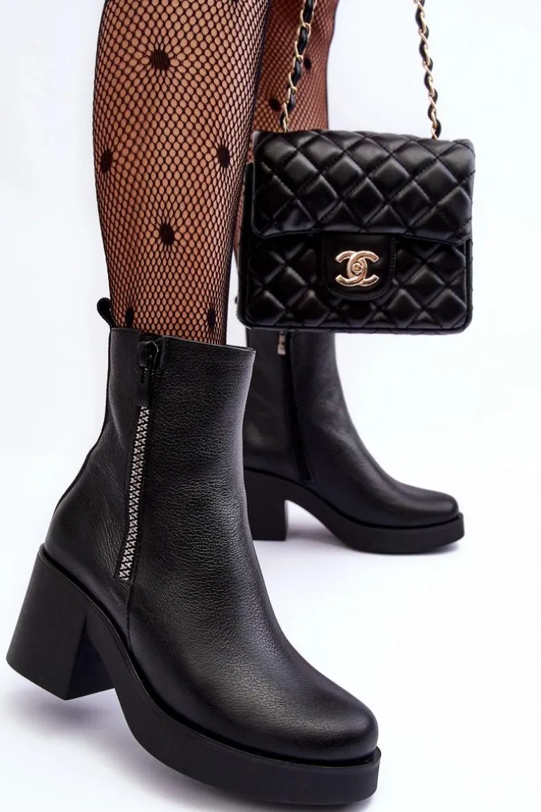 Botki Skórzane Na Masywnym Obcasie Z Suwakami Czarne Lemar Littosa