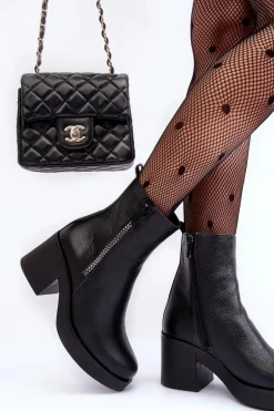 Botki Skórzane Na Masywnym Obcasie Z Suwakami Czarne Lemar Littosa