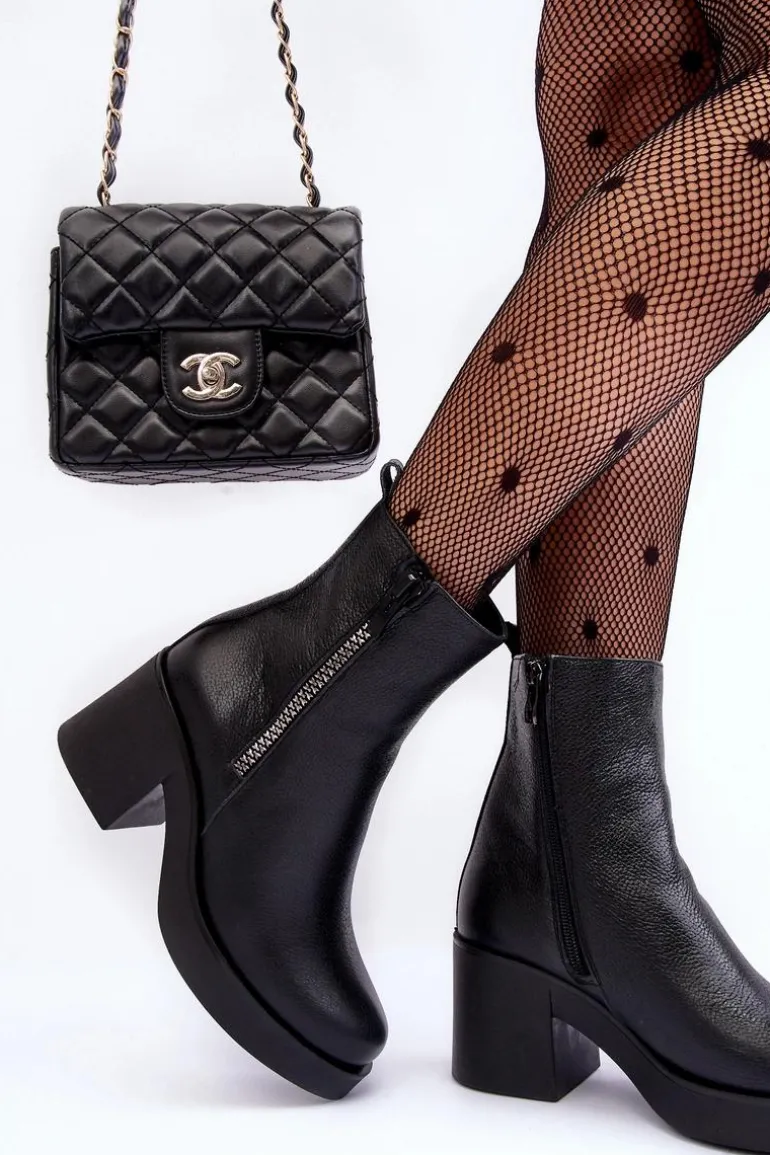 Botki Skórzane Na Masywnym Obcasie Z Suwakami Czarne Lemar Littosa