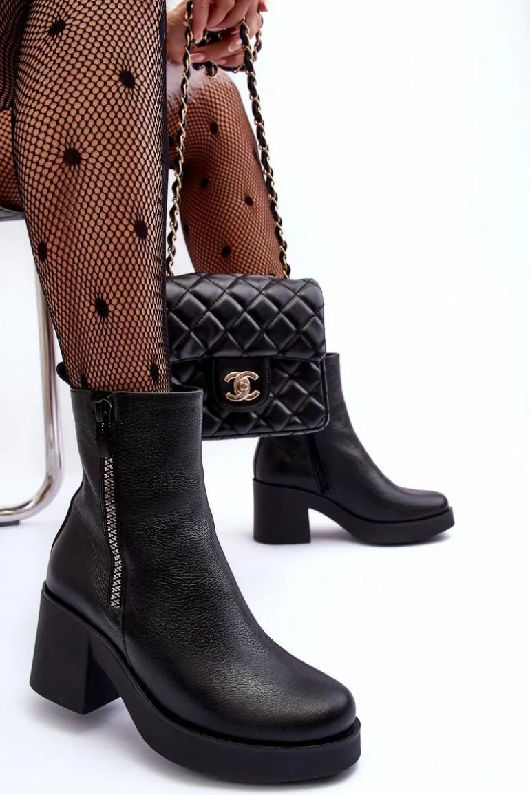 Botki Skórzane Na Masywnym Obcasie Z Suwakami Czarne Lemar Littosa