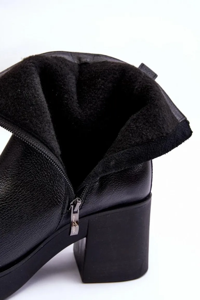 Botki Skórzane Na Masywnym Obcasie Z Suwakami Czarne Lemar Littosa