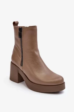 Botki Skórzane Na Masywnym Obcasie Z Suwakami Ciemnobeżowe Lemar Littosa