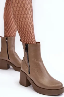 Botki Skórzane Na Masywnym Obcasie Z Suwakami Ciemnobeżowe Lemar Littosa