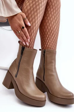 Botki Skórzane Na Masywnym Obcasie Z Suwakami Ciemnobeżowe Lemar Littosa