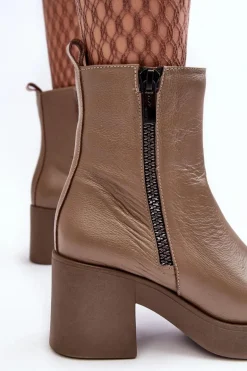 Botki Skórzane Na Masywnym Obcasie Z Suwakami Ciemnobeżowe Lemar Littosa