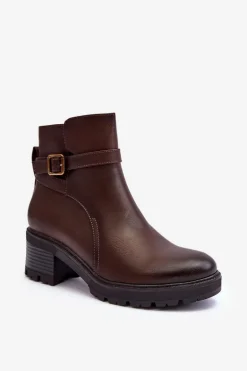Botki Skórzane Na Niskim Obcasie Ciemnobrązowe Irinaela