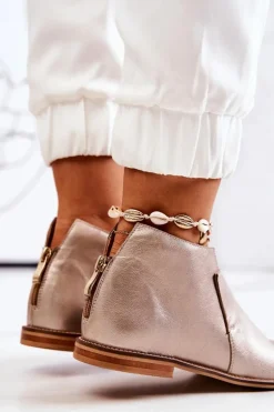 Botki Skórzane Na Obcasie Laura Messi Złote 2324